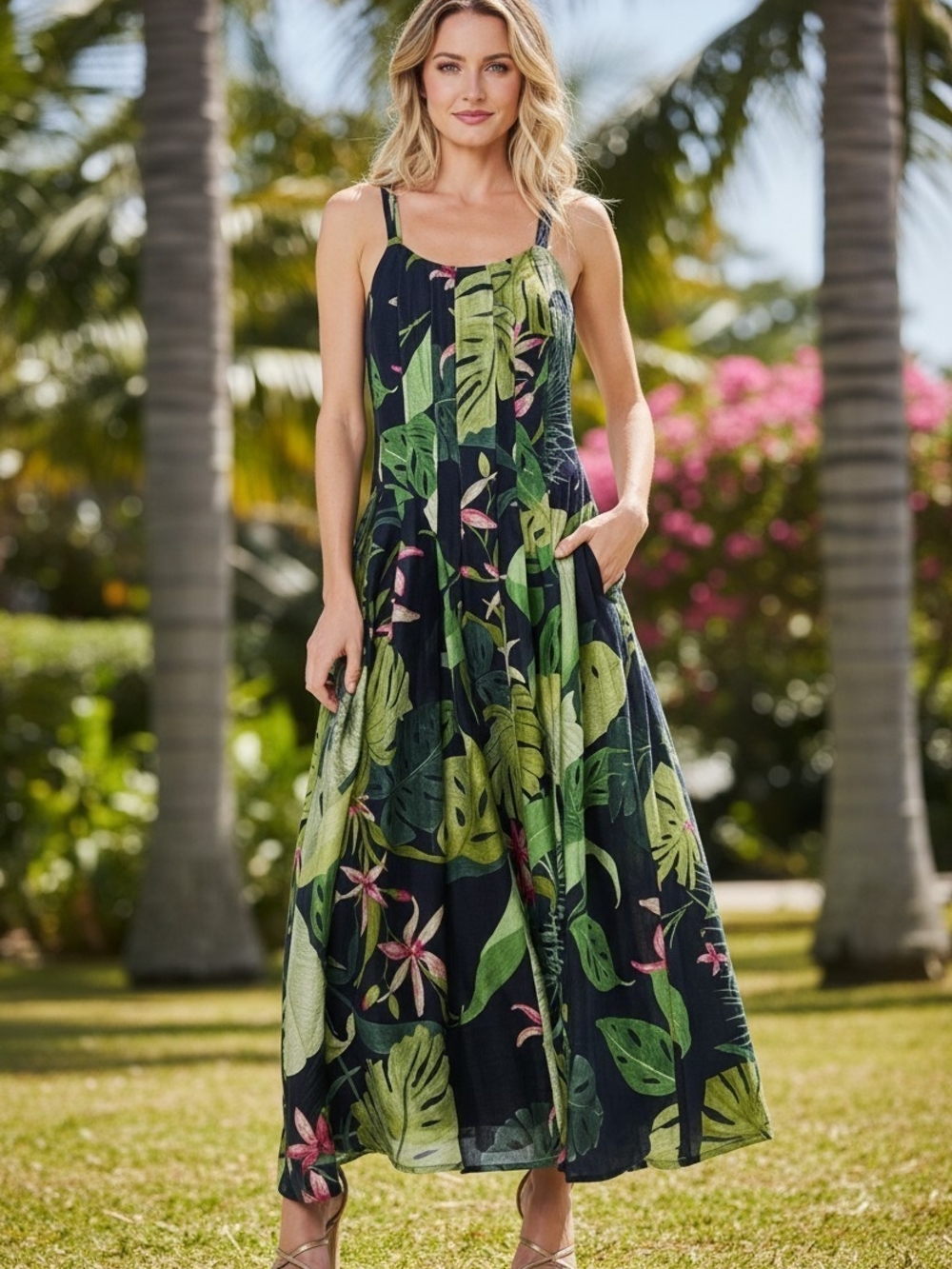 CIEBON Dorothy Tropical Botanical Maxi Dress NWT Linen Blend A-Line Pockets M